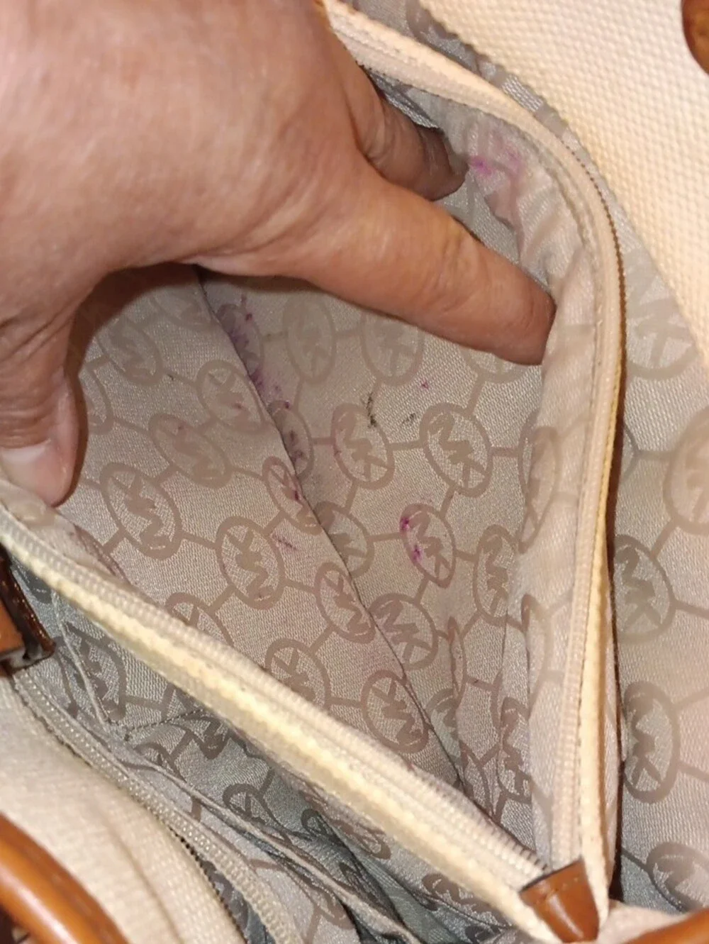 Michael Kors Preloved Canvas Satchel with Pink Center Stripe and Brown Trim